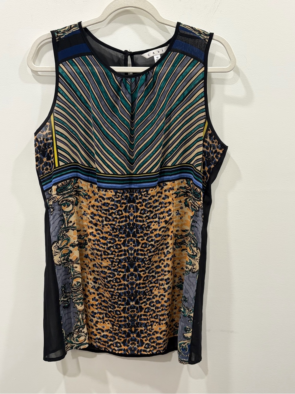 CAbiโ Mixed-Print Sleeveless Tank sheer in Navy, Tan, Green